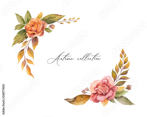 Watercolor vector autumn wreath with red rose and leaves isolated on white background.