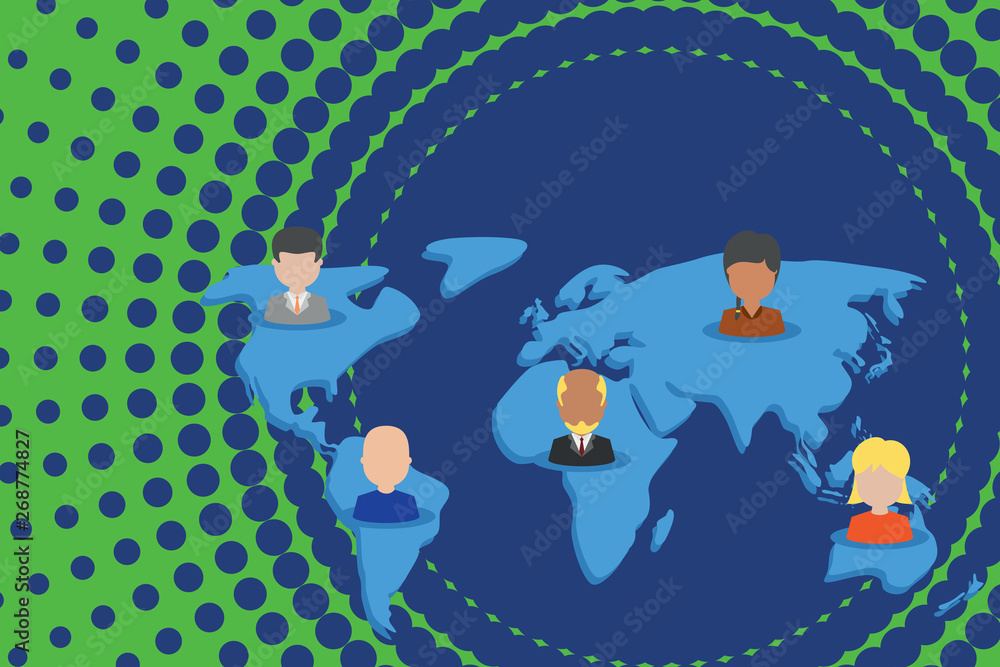 Fototapeta premium Connection multiethnic persons all over world. Global business earth map Design business concept Empty template copy space text for Ad website isolated