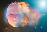 3D render face of man in space as a symbol of philosophy and psychology of dreams inner   reality, mental health, imagination, thinking and dreaming