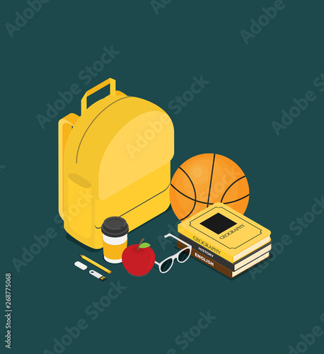 Vector isometric school homework concept illustration. Layout of schoolkid stuff