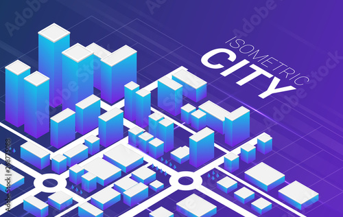 Abstract 3D isometric city with roads and skyscrapers