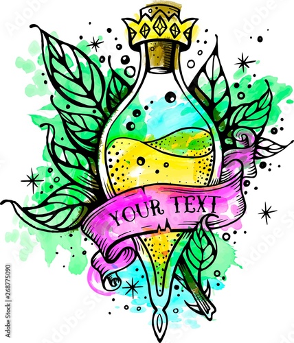 Witch and magic flask potion item illustration. Line art potion of good luck. Watercolor tattoo. Vector