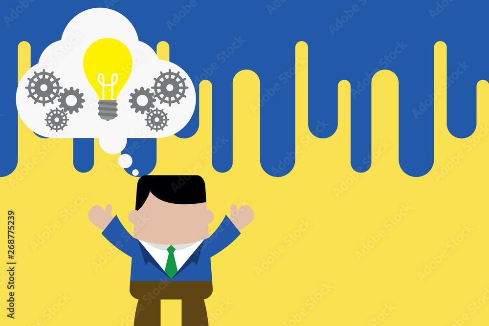 Standing man suit hands up imaginary bubble light bulb gears working together Design business Empty copy space text for Ad website promotion isolated Banner template Standing man suit hands up imaginary bubble light bulb gears working together Design business Empty copy space text for Ad website promotion isolated Banner template