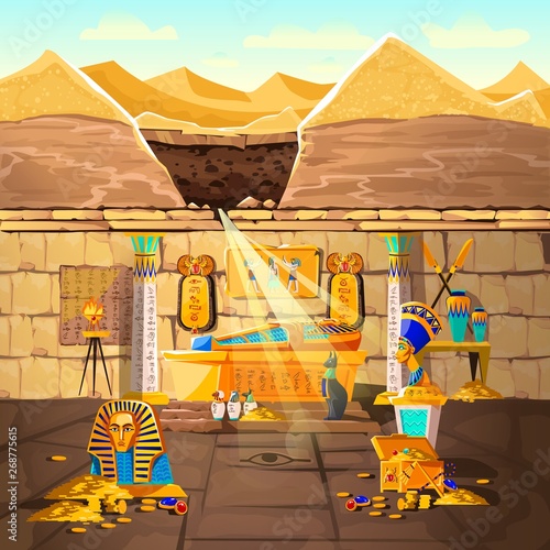 Obraz na płótnie Ancient Egypt pharaoh lost tomb, underground cartoon vector illustration