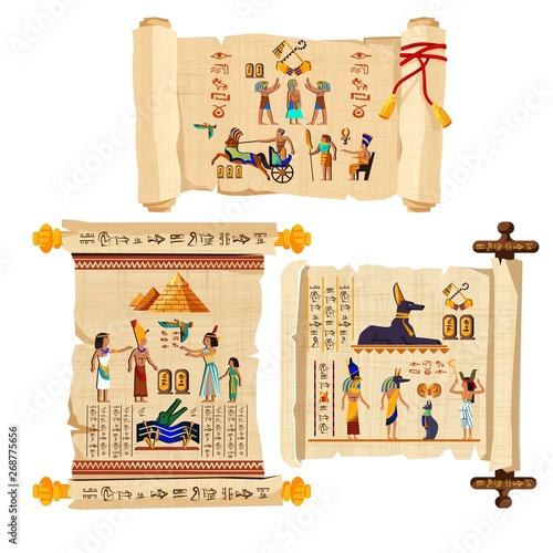 Ancient Egypt papyrus scroll cartoon vector collection with hieroglyphs and Egyptian culture religious symbols, ancient gods, pyramids, scarab and human figures. Decorated with red cord and isolated