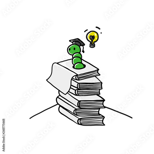 Doodle art with bookworm and a lot of books. Worn in stack of book.