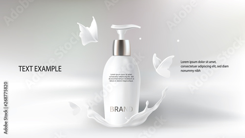 Milk cosmetics realistic vector blurred background. Skin care cosmetic product, body lotion in white bottle with silver dispenser in milk splash, crown with flying butterflies Mock-up promo poster