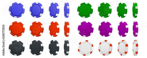 Set of poker chips in different position isolated on white background. Vector illustration.