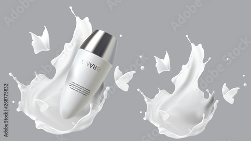 Roll-on deodorant in milk splash cosmetic realistic vector Skin care cosmetics antiperspirant for sensitive skin in white plastic tube isolated on gray with white liquid flying butterflies silhouette.