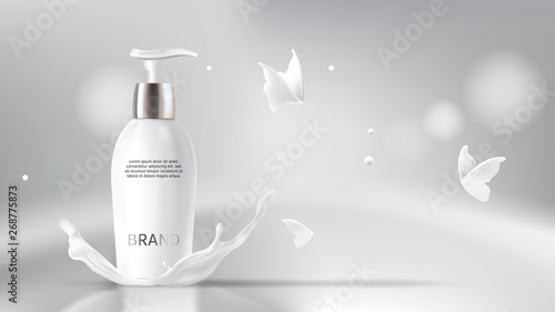 Milk cosmetics realistic vector blurred background. Skin care cosmetic product, body lotion in white bottle with silver dispenser in milk splash, crown with flying butterflies Mock-up promo poster