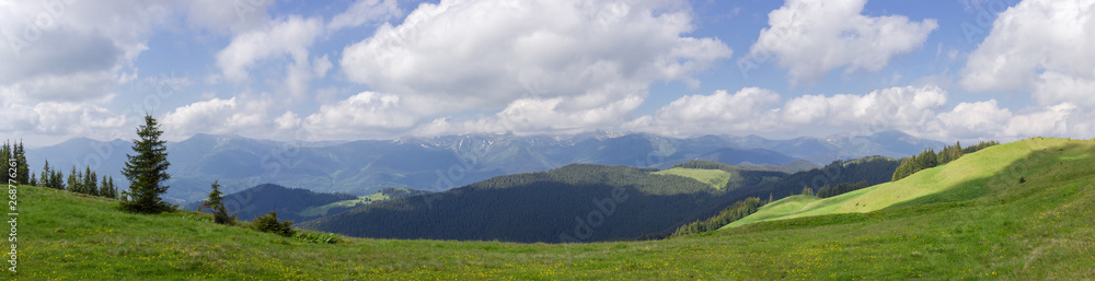 Mountain range Chornohora in the Carpathian Mountains, wide panoramic view