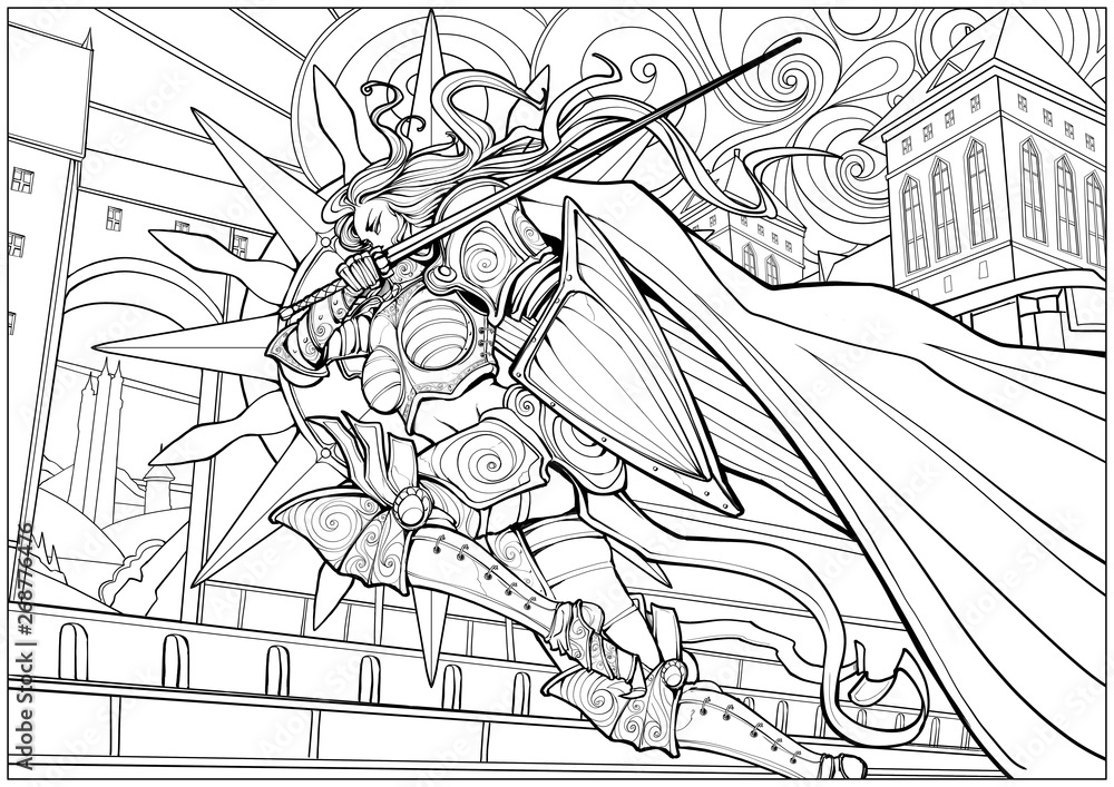 Coloring page for adults . Girl knight rushes into battle in armor