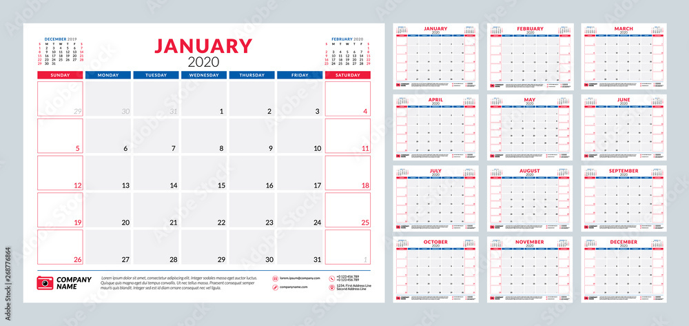 Calendar planner for 2020 year. Stationery design template. Vector ...
