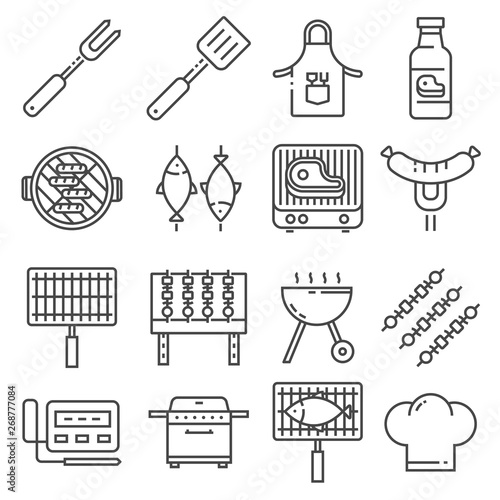 Barbecue BBQ Vector Line Icons. Contains such Icons as Steak, Ribs, Bonfire, Gas and more.