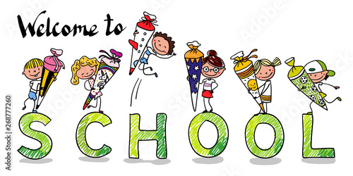 Erster Schultag - My First Day of school - Erstklässler mit Schultüte freuen sich über Einschulung bunt
