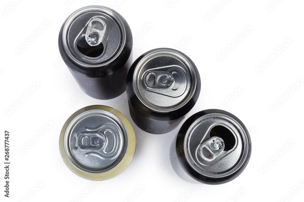 Top view of different sealed and open beverage cans Top view of different sealed and open beverage cans