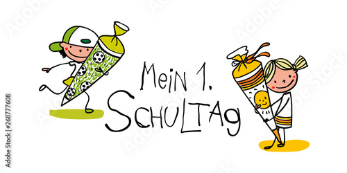 Erster Schultag - First Day of school - Erstklässler mit Schultüte freuen sich über Einschulung
