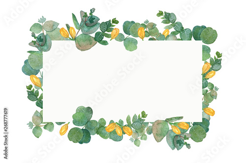 Watercolor wreath with eucalyptus leaves and yellow tulip flowers. Illustration for wedding invitation, save the date or greeting design. Spring or summer flowers with space for your text.