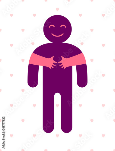 Loved man with care hands of a lover woman hugging and caresses his chest, vector icon logo or illustration in simplistic symbolic style.