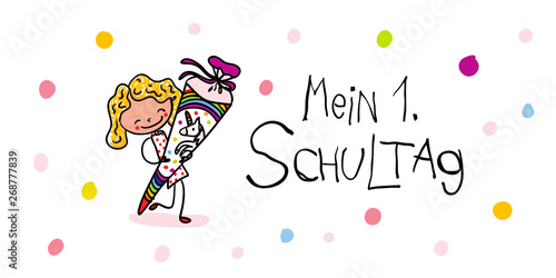 Erster Schultag - First Day of school - Mädchen mit Einhorn Schultüte freut sich über Einschulung