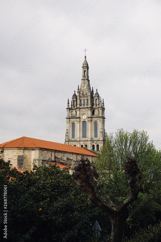 church cathedral architecture in the street in Bilbao city Spain, monument in the city