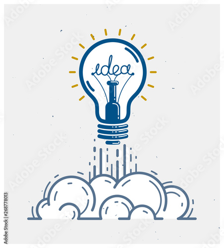 Idea light bulb launching like a rocket vector linear logo or icon, creative idea startup, science invention or research lightbulb, new business start.