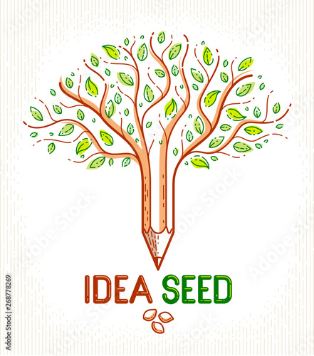 Beautiful fruit apple tree with pencil combined into a symbol, Idea seed concept vector classic style logo or icon. Strong thoughts virus idea allegory.