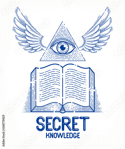 Secret knowledge vintage open winged book with all seeing eye of god in sacred geometry triangle, masonry or illuminati symbol, vector logo or emblem design element.