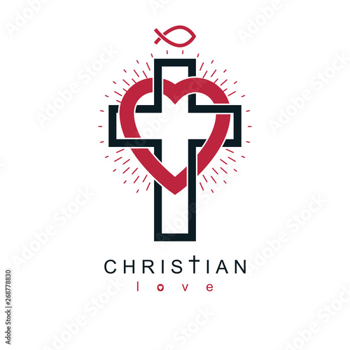Love of God vector creative symbol design combined with Christian Cross and heart, vector logo or sign.