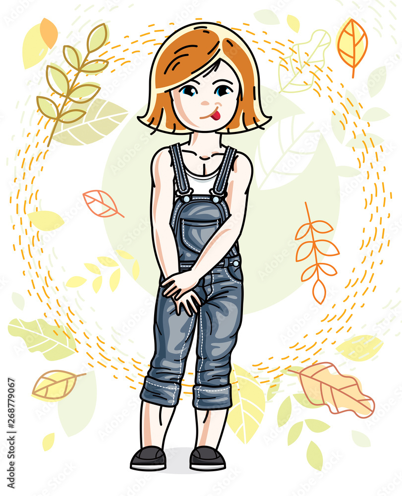 Cute happy little red-haired girl posing on background of autumn landscape and wearing fashionable casual clothes. Vector character. Cute happy little red-haired girl posing on background of autumn landscape and wearing fashionable casual clothes. Vector character.