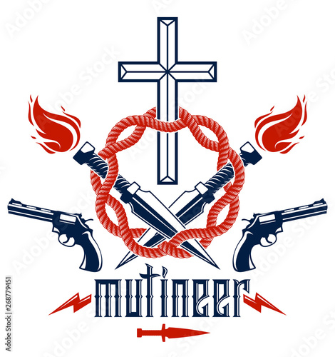 Gangster thug emblem or logo with Christian Cross, weapons and different design elements , vector tattoo, anarchy and chaos, dead rebel partisan and revolutionary.
