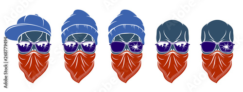 Gangster skull vector logos set, icons or tattoos, urban stylish aggressive criminal scull.