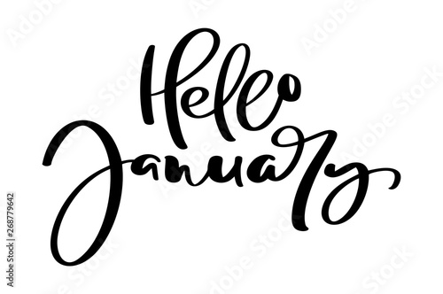 Hello Hand drawn lettering phrase January. Ink brush lettering for winter invitation card for calendar. Handwritten phrase for banner  flyer  greeting card