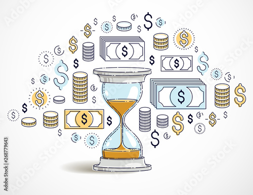 Time is money concept, hourglass and dollar icons set, sand watch timer deadline allegory, vector design.