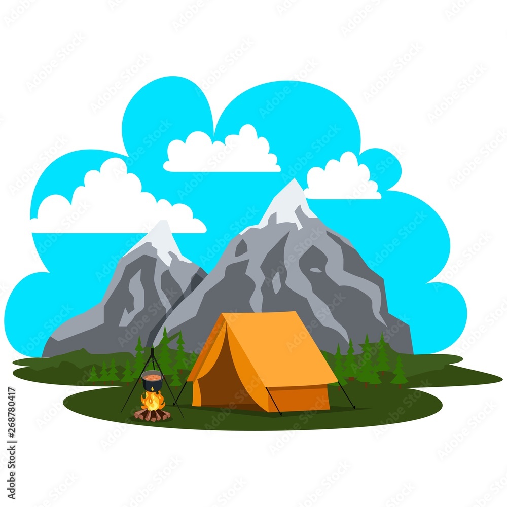 Tourist tent on the background of mountain and wood.