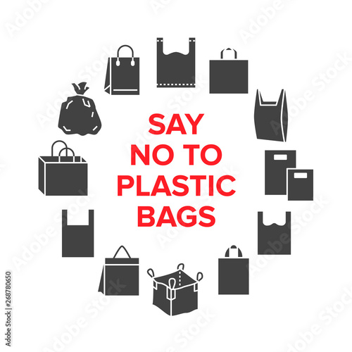 Say no to plastic bags circle template with flat glyph icons. Zero waste vector illustration for poster. Signs of plastics shopping bag