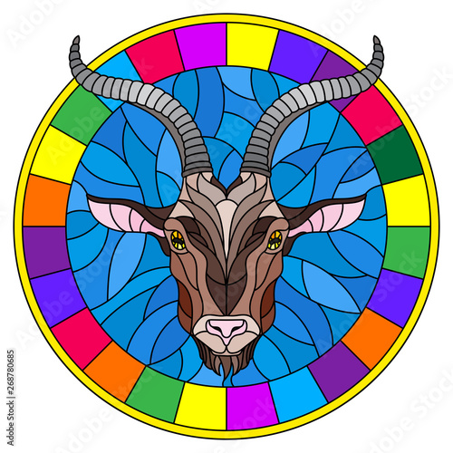 Illustration in stained glass style with goat head in round frame on white background