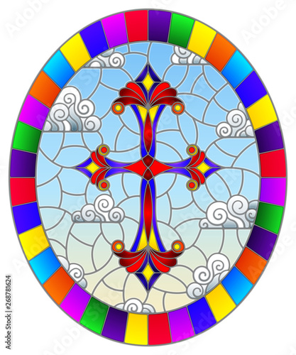 Illustration in stained glass style with bright cross on a background of blue sky and clouds,oval image in bright frame