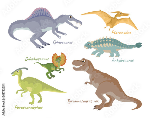 Set of dinosaurs isolated on white background. T-Rex, Spinosaurus, Pteranodon, Ankylosaurus, Dilophosaurus, Parasaurolophus. Vector illustration of cute characters in cartoon flat style.
