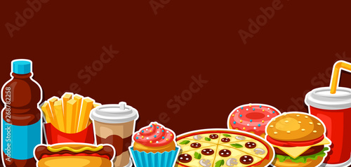Background with fast food meal. Tasty fastfood lunch products.