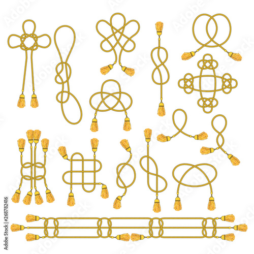 Cord with tassels tied into a woven knot.
