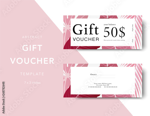Gift voucher card template. Modern discount coupon for shopping with floral pattern. Modern fashion background design with information sample text. Coupon template for gift and shopping.