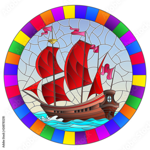 Illustration in stained glass style with an old ship sailing with red sails against the seaand sky, seascape ,round image in bright frame photo