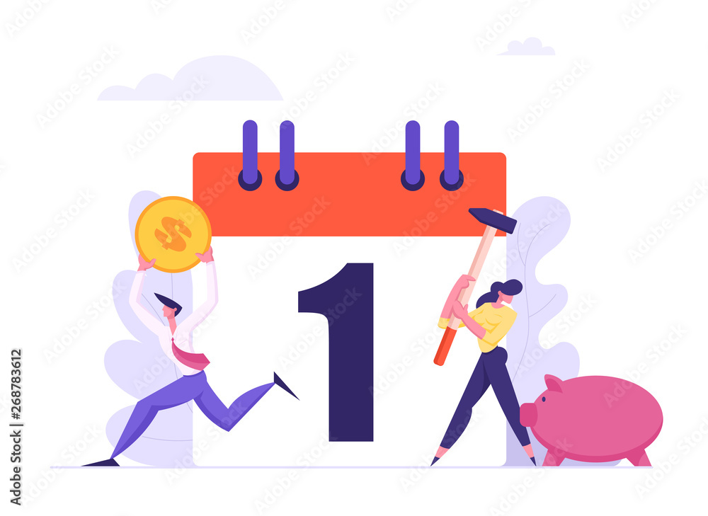 Monthly Loan Payment Concept. People Characters Pay the Bills Every Month Calendar. Financial Schedule with Money and Businessmen. Vector flat illustration
