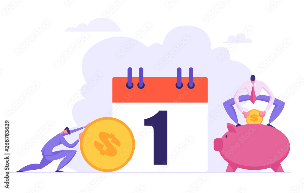 Naklejka premium Monthly Loan Payment Concept. People Characters Pay the Bills Every Month Calendar. Financial Schedule with Money and Businessmen. Vector flat illustration