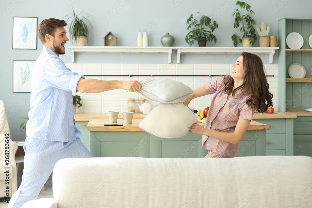Happy loving couple having fun while having a pillow fight in the living room. Happy loving couple having fun while having a pillow fight in the living room.
