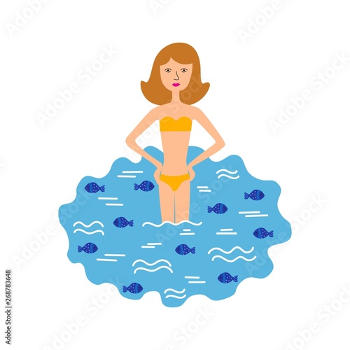 girl stay in the sea or ocean with fishes