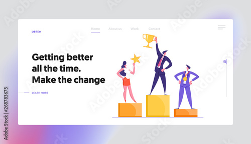 Happy Businessmen Standing on the Podium Landing Page Web Banner. Super Businessman with Trophy Cup. Teamwork, Career, Goal Achievement Concept with Successful Characters. Vector flat illustration