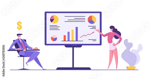 Business People Meeting Concept. Project Presentation, Data Analysis with Woman Character Pointing on Financial Graph on Board to the Businessman. Vector flat illustration