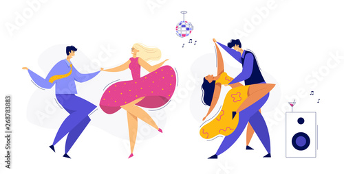 Young Couple Dancing Swing, Tango, Pop. Night Club Disco Party with Male and Female Dancer Characters Set. Vector flat cartoon illustration